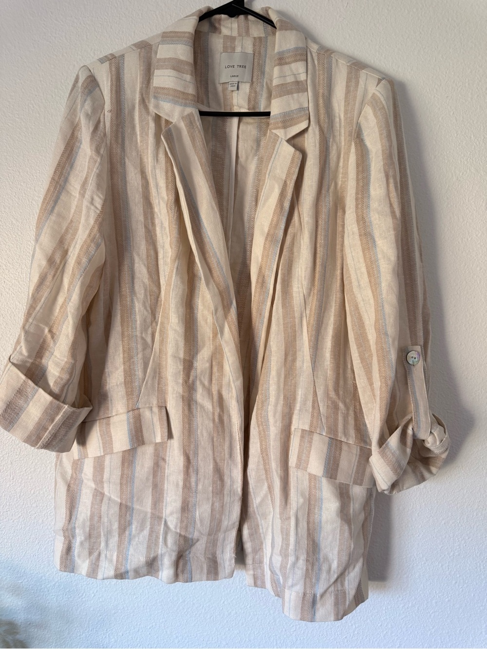 Love Tree Beige and Cream linen Striped Open-Front Blazer